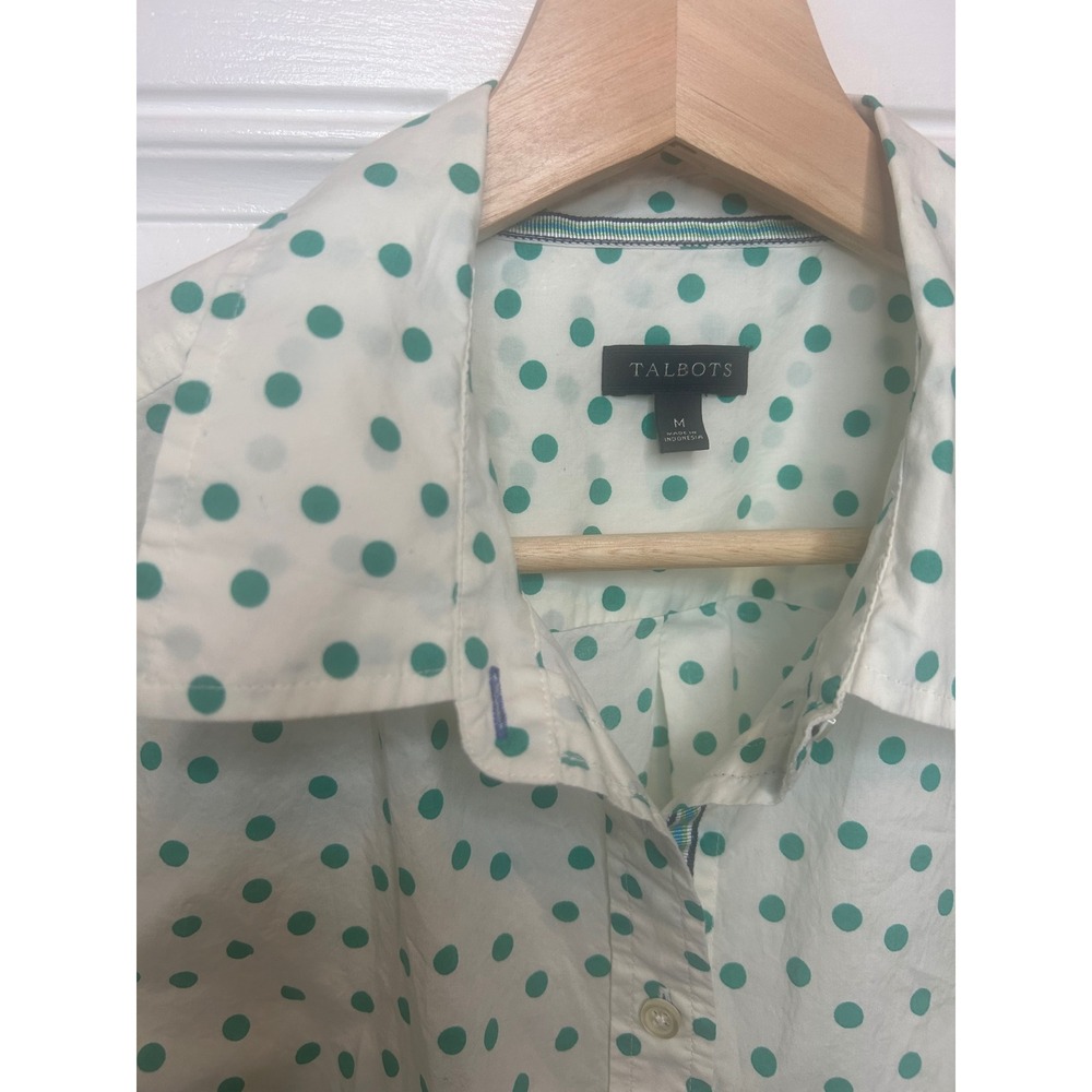 Talbots Button Down Shirt White Green Polka Dot Long Sleeve Cotton Blouse M
